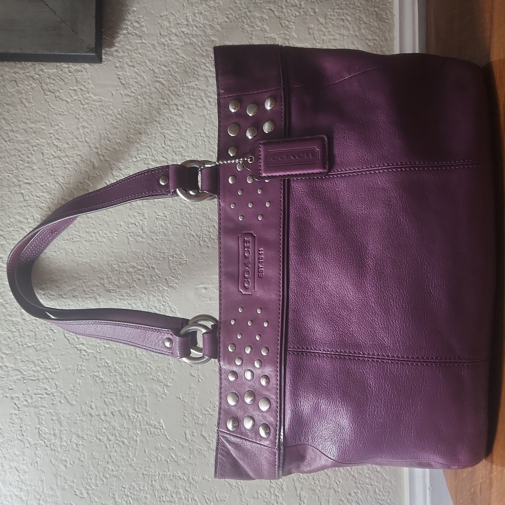 Coach Purple Leather Shoulder Bag with Silver Gromet Detail